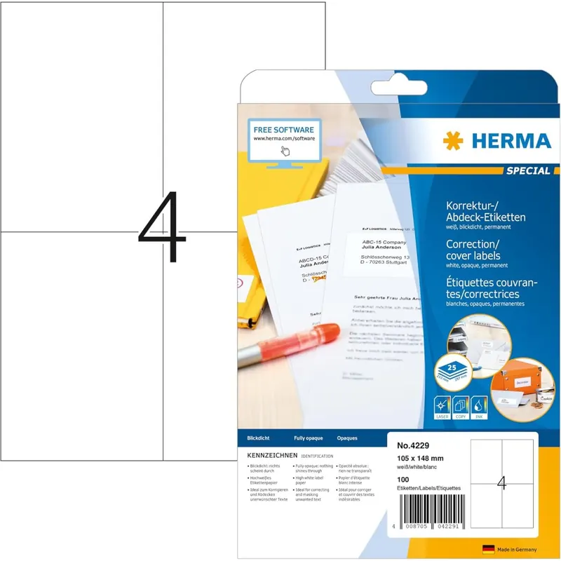 HERMA 4229 Korrekturetiketten blickdicht, 25 Blatt, 105 x 148 mm, 4 pro A4 Bogen, 100 Stück, selbstklebend, bedruckbar, matt, blanko Papier Abdeckaufkleber Etiketten, weiß