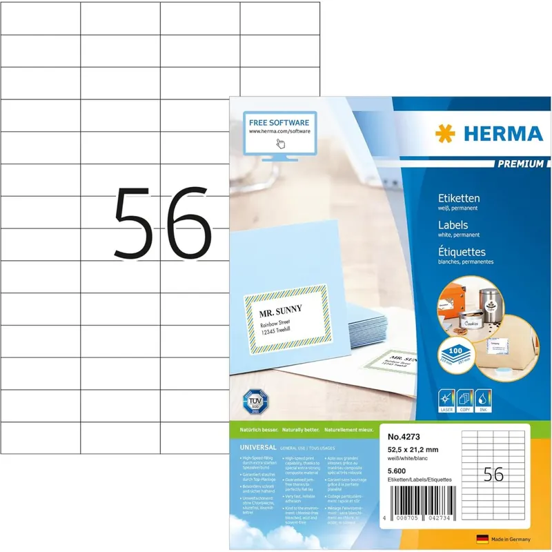 HERMA 4273 Universal Etiketten, 100 Blatt, 52,5 x 21,2 mm, 56 pro A4 Bogen, 5600 Stück, selbstklebend, bedruckbar, matt, blanko Papier Klebeetiketten Aufkleber, weiß