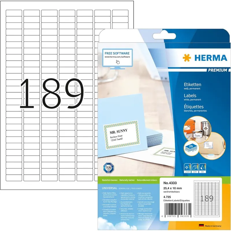 HERMA 4333 Universal Etiketten, 25 Blatt, 25,4 x 10 mm, 189 pro A4 Bogen, 4725 Stück, selbstklebend, bedruckbar, matt, blanko Papier Klebeetiketten Aufkleber, weiß