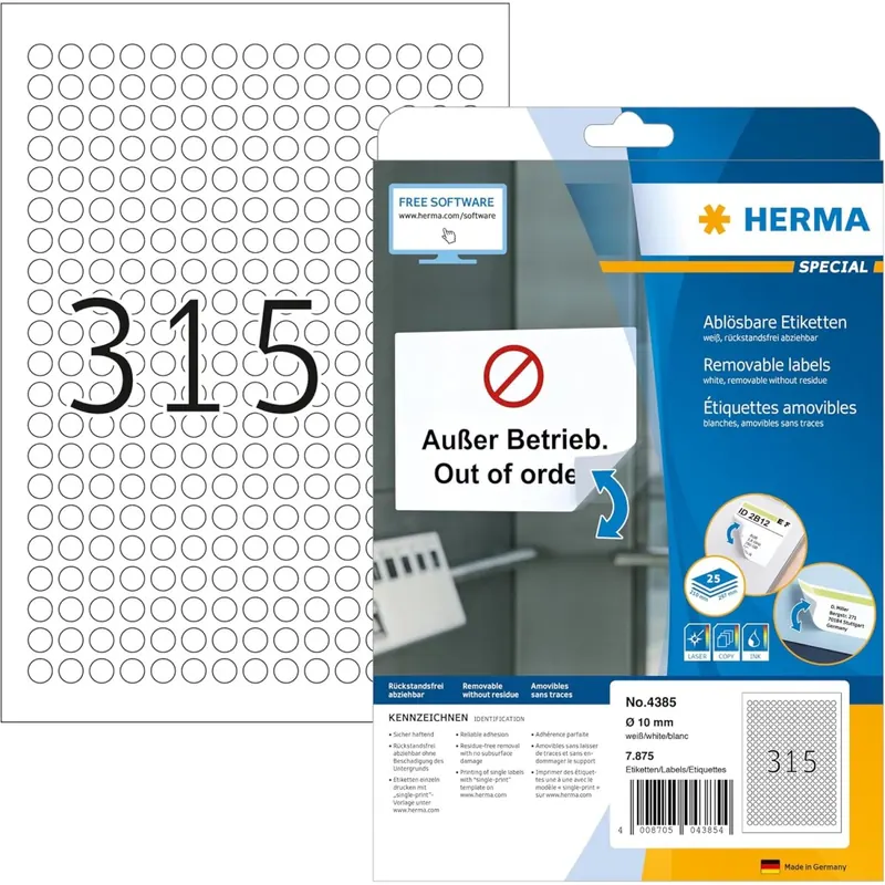 HERMA 4385 Universal Etiketten ablösbar rund, 25 Blatt, Ø 10 mm, 315 pro A4 Bogen, 7875 Stück, selbstklebend, bedruckbar, matt, blanko Papier Klebeetiketten Aufkleber, weiß