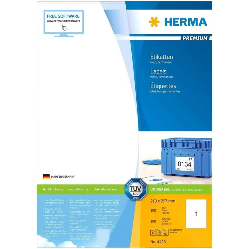 HERMA 4428 Universal Etiketten, 100 Blatt, 210 x 297 mm, 1 pro A4 Bogen, 100 Stück, selbstklebend, bedruckbar, matt, blanko Papier Klebeetiketten Aufkleber, weiß