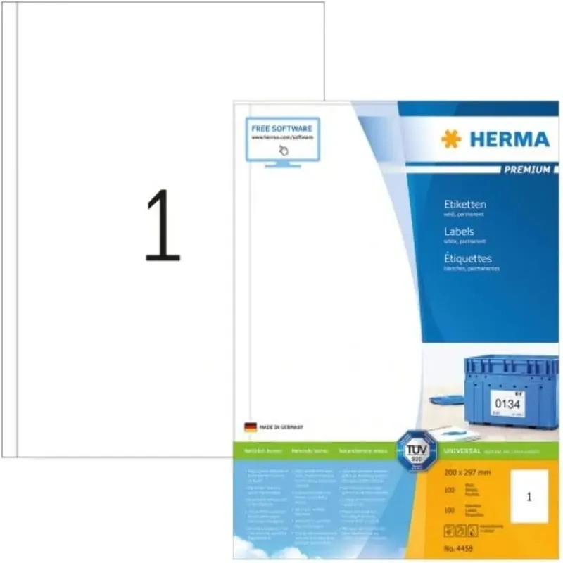 HERMA 4458 Universal Etiketten, 100 Blatt, 200 x 297 mm, 1 pro A4 Bogen, 100 Stück, selbstklebend, bedruckbar, matt, blanko Papier Klebeetiketten Aufkleber, weiß