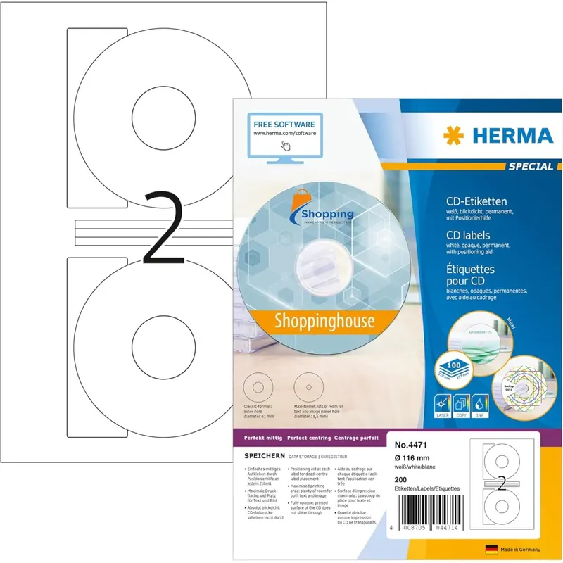 HERMA 4471 CD DVD Etiketten inkl. Zentrierhilfe blickdicht, 100 Blatt, Ø 116 mm, 2 pro A4 Bogen, 200 Stück, selbstklebend, bedruckbar, matt, blanko Papier Klebeetiketten Aufkleber, weiß