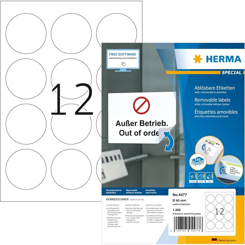 HERMA 4477 Universal Etiketten ablösbar rund, 100 Blatt, Ø 60 mm, 12 pro A4 Bogen, 1200 Stück, selbstklebend, bedruckbar, matt, blanko Papier Klebeetiketten Aufkleber, weiß