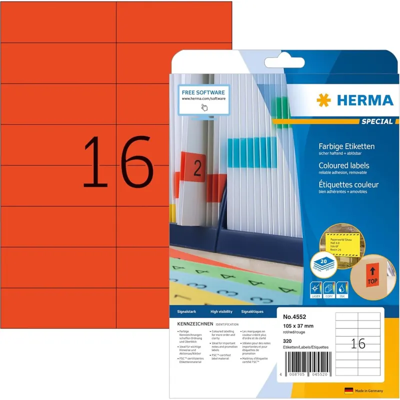 HERMA 4552 Farbige Etiketten rot ablösbar, 20 Blatt, 105 x 37 mm, 16 pro A4 Bogen, 320 Stück, selbstklebend, bedruckbar, matt, blanko Papier Farbetiketten Aufkleber