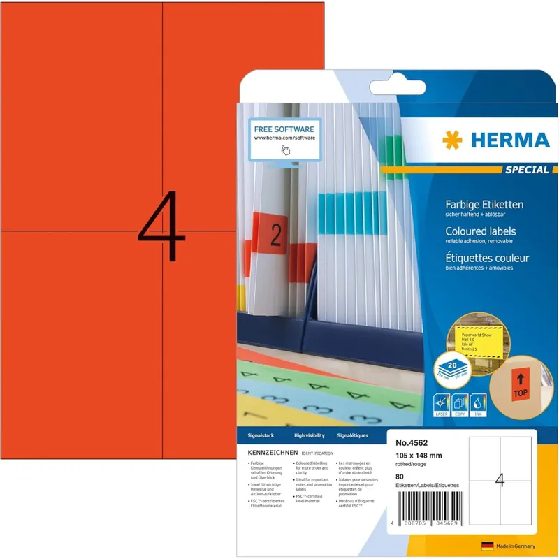 HERMA 4562 Farbige Etiketten rot ablösbar, 20 Blatt, 105 x 148 mm, 4 pro A4 Bogen, 80 Stück, selbstklebend, bedruckbar, matt, blanko Papier Farbetiketten Aufkleber