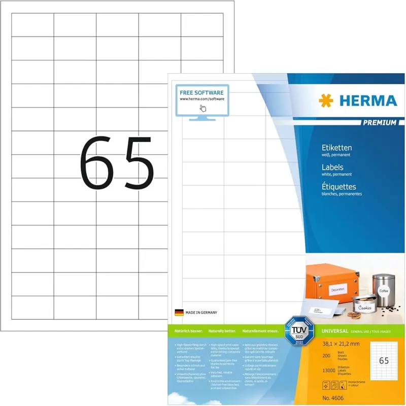 HERMA 4606 Universal Etiketten, 200 Blatt, 38,1 x 21,2 mm, 65 pro A4 Bogen, 13000 Stück, selbstklebend, bedruckbar, matt, blanko Papier Klebeetiketten Aufkleber, weiß