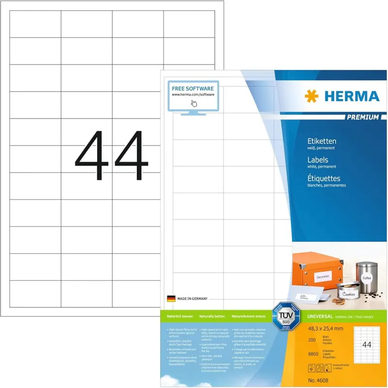 HERMA 4608 Universal Etiketten, 200 Blatt, 48,3 x 25,4 mm, 44 pro A4 Bogen, 8800 Stück, selbstklebend, bedruckbar, matt, blanko Papier Klebeetiketten Aufkleber, weiß