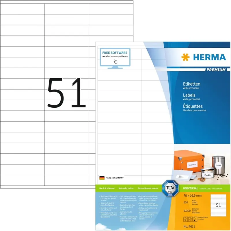 HERMA 4611 Universal Etiketten, 200 Blatt, 70 x 16,9 mm, 51 pro A4 Bogen, 10200 Stück, selbstklebend, bedruckbar, matt, blanko Papier Klebeetiketten Aufkleber, weiß
