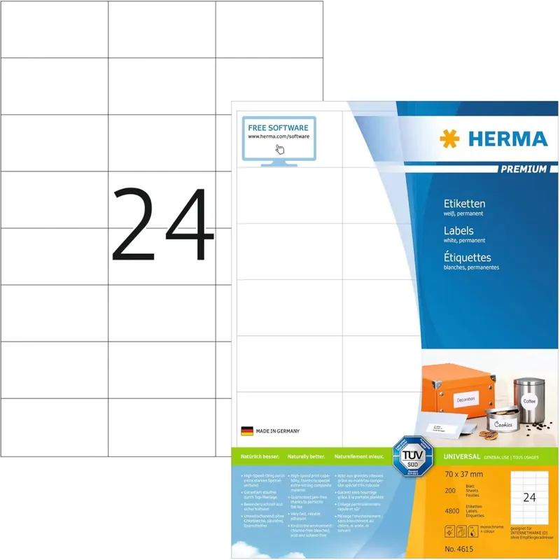HERMA 4615 Adressetiketten, 200 Blatt, 70 x 37 mm, 24 pro A4 Bogen, 4800 Stück, selbstklebend, bedruckbar, matt, blanko Papier Adressaufkleber Etiketten, weiß