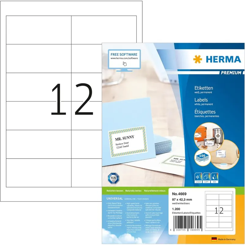 HERMA 4669 Universal Etiketten, 100 Blatt, 97 x 42,3 mm, 12 pro A4 Bogen, 1200 Stück, selbstklebend, bedruckbar, matt, blanko Papier Klebeetiketten Aufkleber, weiß
