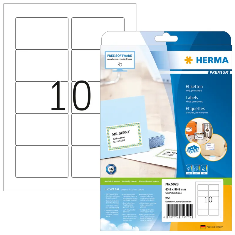HERMA 5028 Universal Etiketten, 25 Blatt, 83,8 x 50,8 mm, 10 pro A4 Bogen, 250 Stück, selbstklebend, bedruckbar, matt, blanko Papier Klebeetiketten Aufkleber, weiß