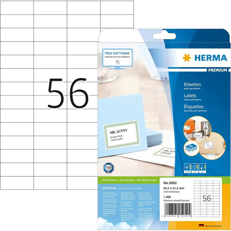 HERMA 5052 Universal Etiketten, 25 Blatt, 52,5 x 21,2 mm, 56 pro A4 Bogen, 1400 Stück, selbstklebend, bedruckbar, matt, blanko Papier Klebeetiketten Aufkleber, weiß
