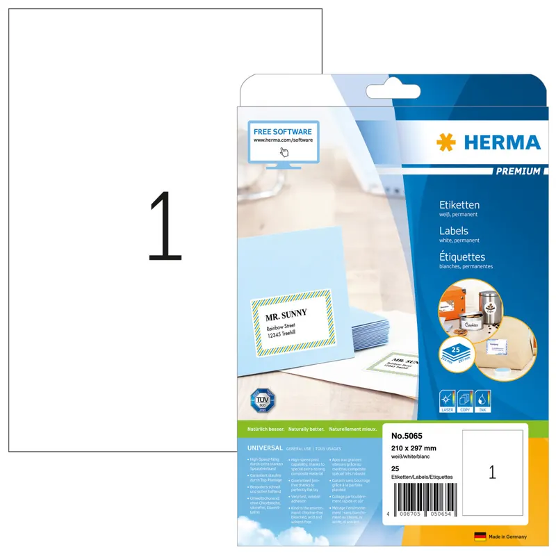 HERMA 5065 Universal Etiketten, 25 Blatt, 210 x 297 mm, 1 pro A4 Bogen, 25 Stück, selbstklebend, bedruckbar, matt, blanko Papier Klebeetiketten Aufkleber, weiß