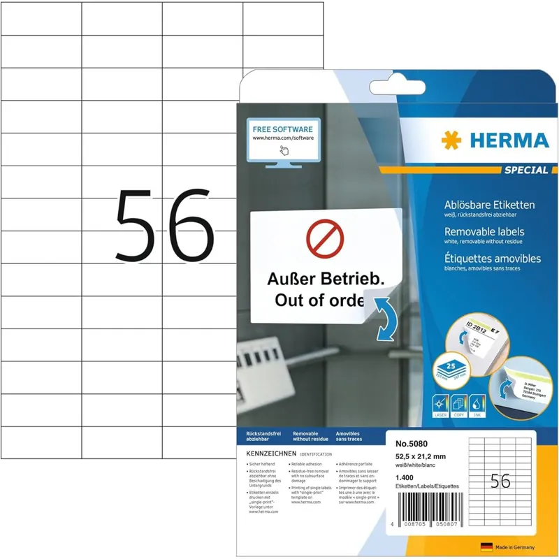 HERMA 5080 Universal Etiketten ablösbar, 25 Blatt, 52,5 x 21,2 mm, 56 pro A4 Bogen, 1400 Stück, selbstklebend, bedruckbar, matt, blanko Papier Klebeetiketten Aufkleber, weiß