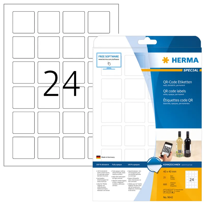 HERMA 9642 QR Code Etiketten blickdicht quadratisch, 25 Blatt, 40 x 40 mm, 24 pro A4 Bogen, 600 Stück, selbstklebend, bedruckbar, matt, blanko Papier QR-Code Klebeetiketten Aufkleber, weiß