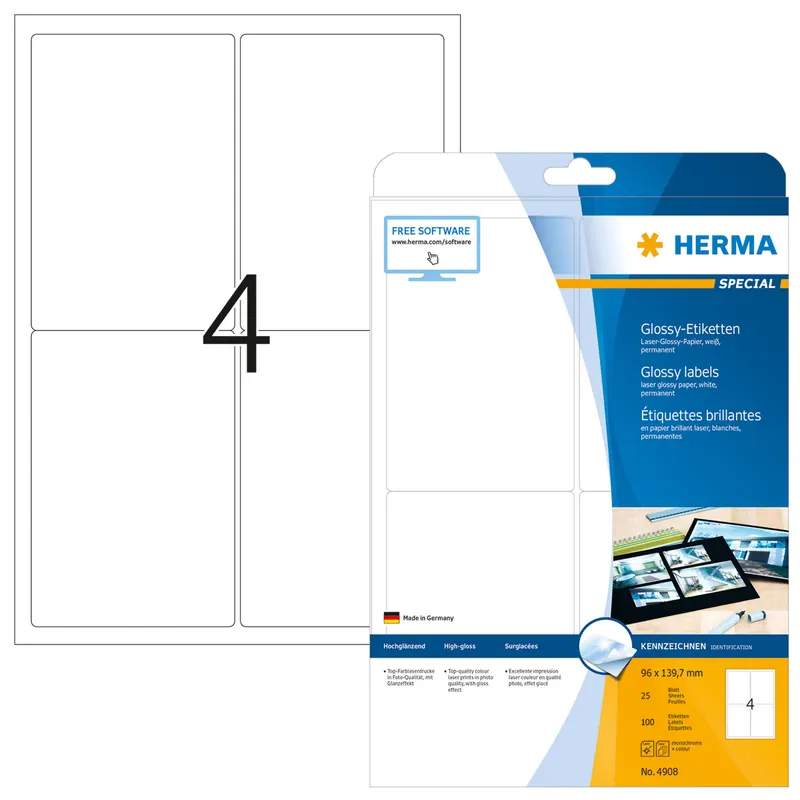 Hochglanz-Etiketten A4, 96 x 139,7 mm, weiß, permanent haftend, Laserdrucker