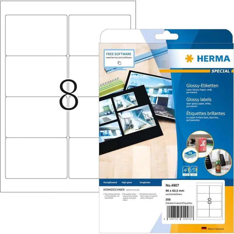 Hochglanz-Etiketten A4, 96 x 63,5 mm, weiß, permanent haftend, Laserdrucker