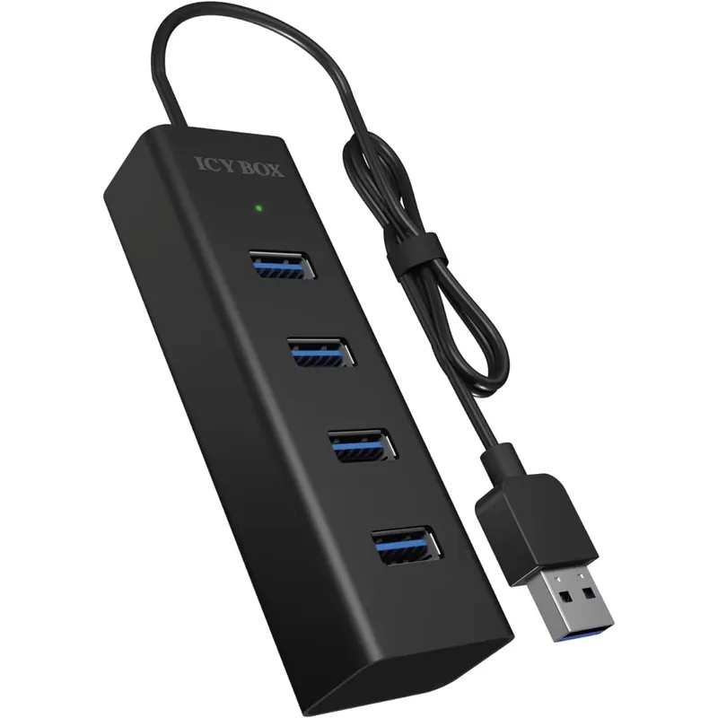 Icy Box IB-HUB1409-U3 4-fach USB-Hub (Type-A Verbindung) mit 4x USB 3.0 (Type-A) Anschlüssen, integriertes Kabel (40 cm), Aluminium, Schwarz