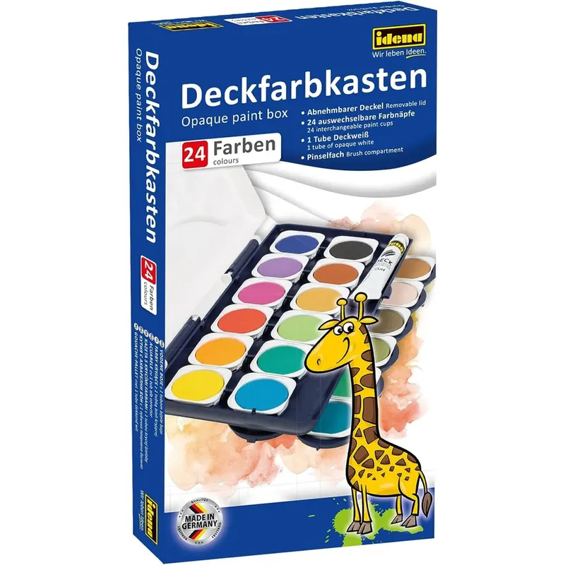 Idena 22064 - Deckfarbkasten mit 24 Farben und 1 Tube Deckweiß, ideal für Kindergarten, Schule und zu Hause
