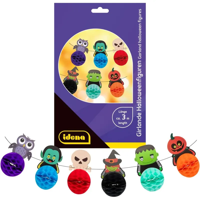 Idena 30422 - Girlande Halloweenfiguren, ca. 3 m lang, bunte Papiergirlande mit gruseligen Figuren, Halloween Deko