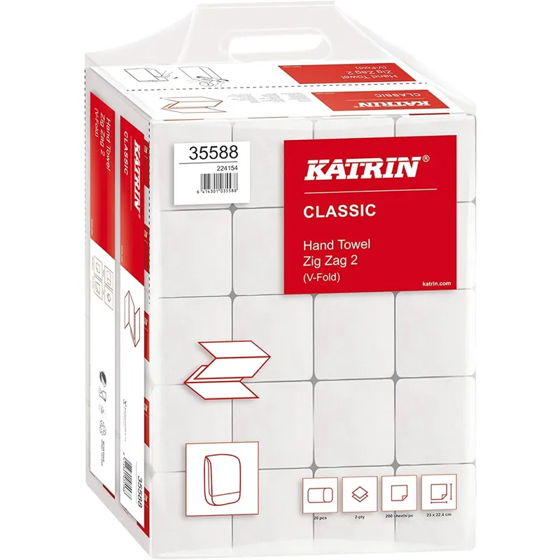 KATRIN Papierhandtuch, CLASSIC Zig Zag 2, Tissue, 2lagig, V-Falzung, 20 x 200 Tücher, 23 x 24,4 cm, weiß (4.000 Stück), Sie erhalten 1 Karton á 4000 Stück