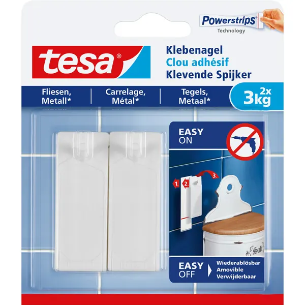 Klebenagel tesa Powerstrips 77763 - weiß bis 3 kg für Fliesen & Metall ablösbar Pckg/2