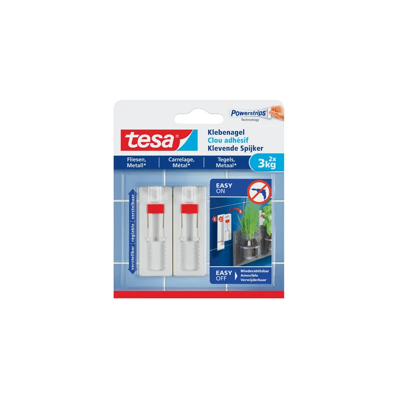 Klebenagel tesa Powerstrips 77764 - weiß bis 3 kg für Fliesen & Metall ablösbar verstellbar Pckg/2