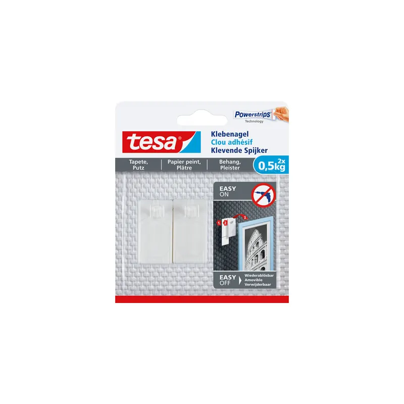Klebenagel tesa Powerstrips 77772 - weiß bis 0,5 kg für Tapeten & Putz ablösbar Pckg/2