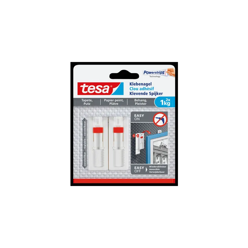 Klebenagel tesa Powerstrips 77774 - weiß bis 1 kg für Tapeten & Putz ablösbar verstellbar Pckg/2