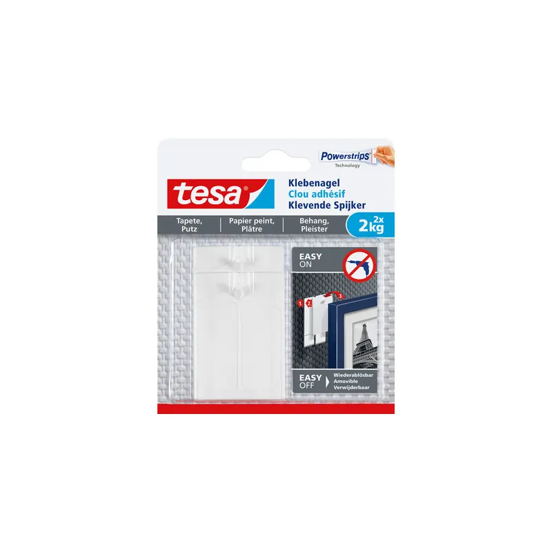Klebenagel tesa Powerstrips 77776 - weiß bis 2 kg für Tapeten & Putz ablösbar Pckg/2