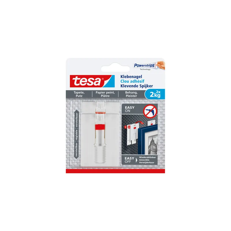Klebenagel tesa Powerstrips 77777 - weiß bis 2 kg für Tapeten & Putz ablösbar verstellbar Pckg/2