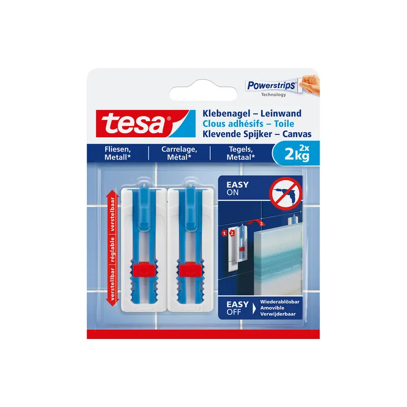Klebenagel tesa Powerstrips Leinwand 77768 - weiß bis 2 kg für Fliesen & Metall ablösbar verstellbar Pckg/2