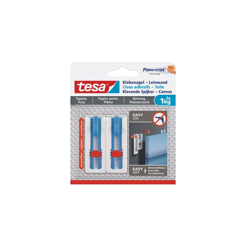Klebenagel tesa Powerstrips Leinwand 77778 - weiß bis 1 kg für Tapeten & Putz ablösbar verstellbar Pckg/2