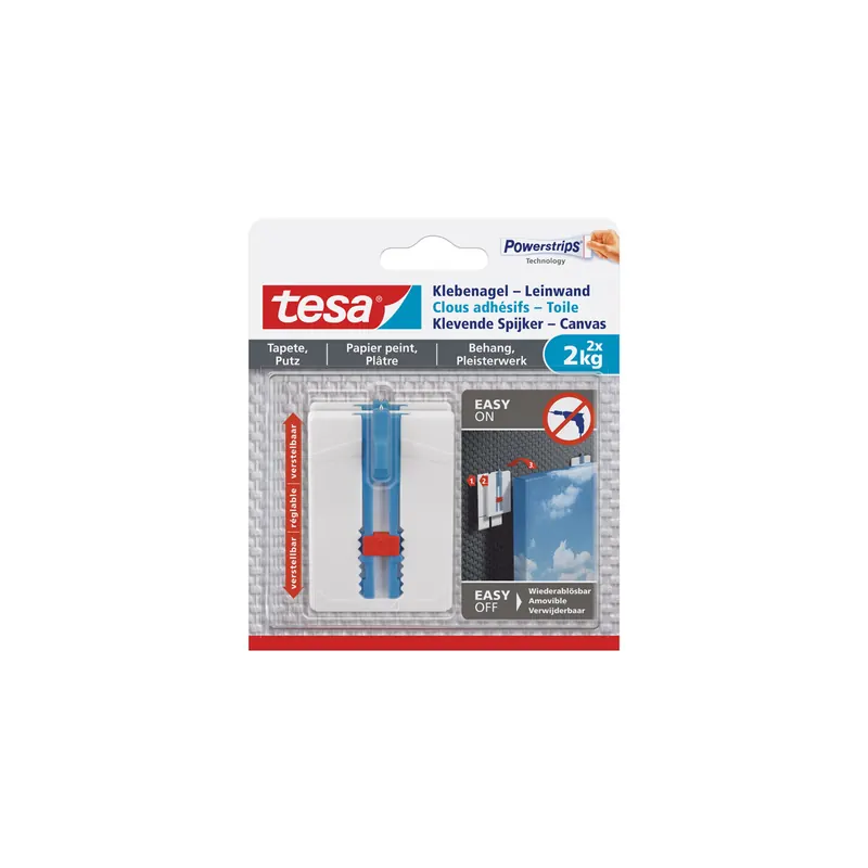 Klebenagel tesa Powerstrips Leinwand 77779 - weiß bis 2 kg für Tapeten & Putz ablösbar verstellbar Pckg/2