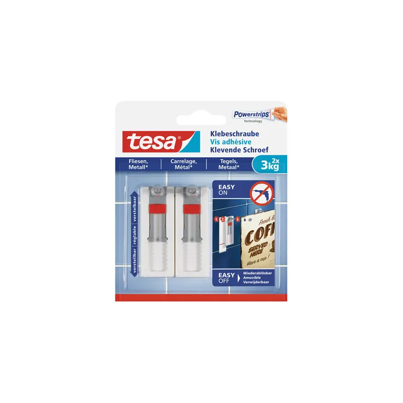 Klebeschraube tesa Powerstrips 77765 - rechteckig weiß bis 3 kg für Fliesen & Metall ablösbar verstellbar Pckg/2