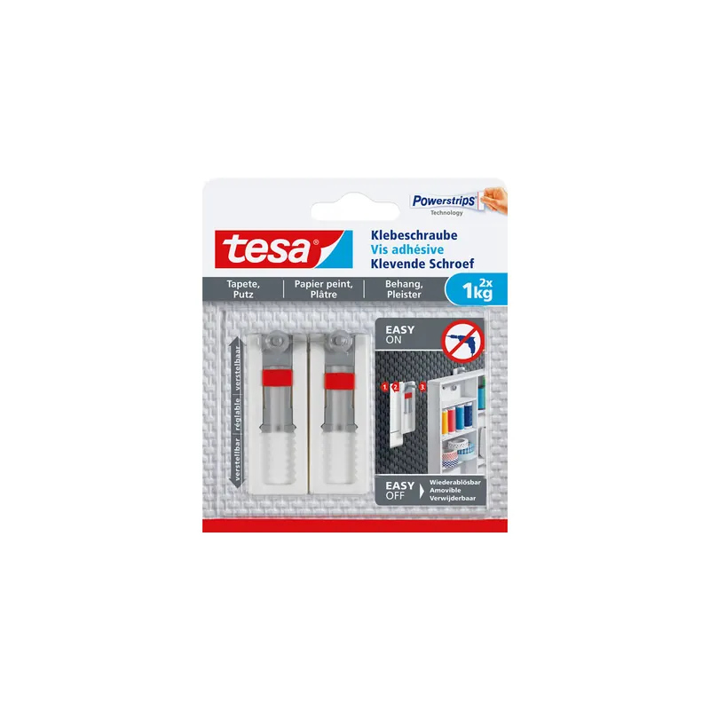 Klebeschraube tesa Powerstrips 77775 - rechteckig weiß bis 1 kg für Tapeten & Putz ablösbar verstellbar Pckg/2