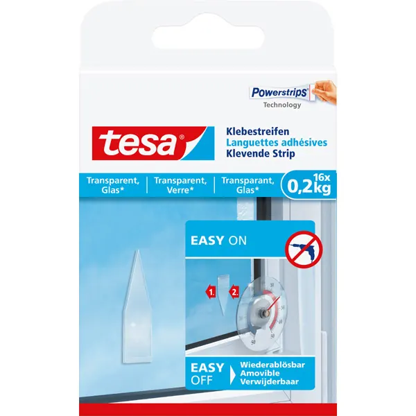 Klebestreifen tesa Powerstrips 77732 - transparent bis 0,2 kg für transparente Oberflächen & Glas Pckg/16