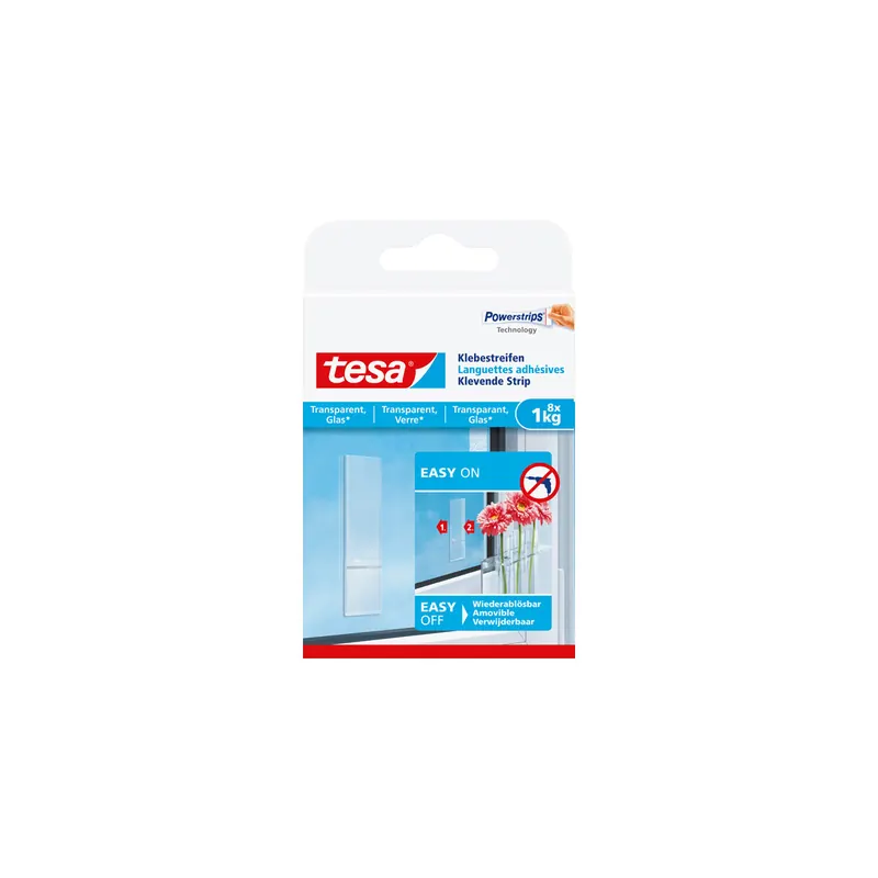 Klebestreifen tesa Powerstrips 77733 - transparent bis 1 kg für transparente Oberflächen & Glas Pckg/8