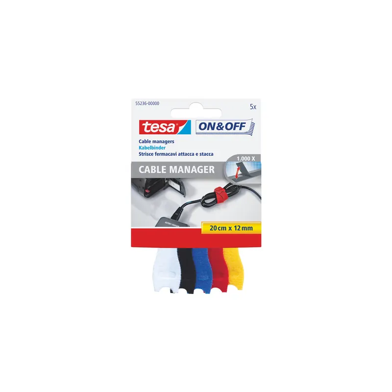 Klettkabelbinder tesa ON & OFF Cable Manager 55236 - 12 mm x 20 cm farbig sortiert für Privat/Endverbraucher-Anwendungen Pckg/5