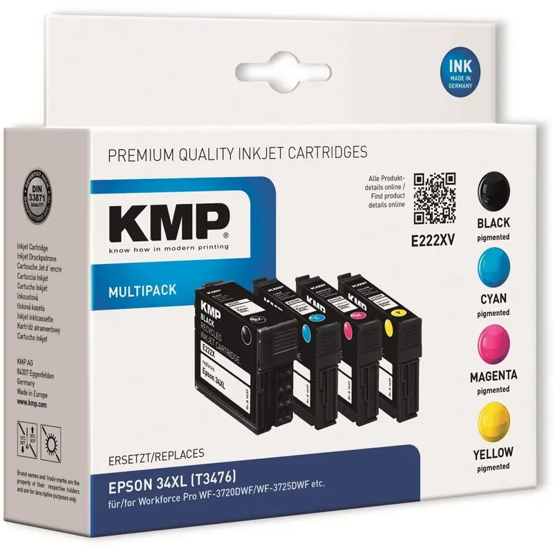 KMP Multipack E222VX schwarz, cyan, magenta, gelb Tintenpatronen ersetzen Epson WorkForce 34XL (T3476)