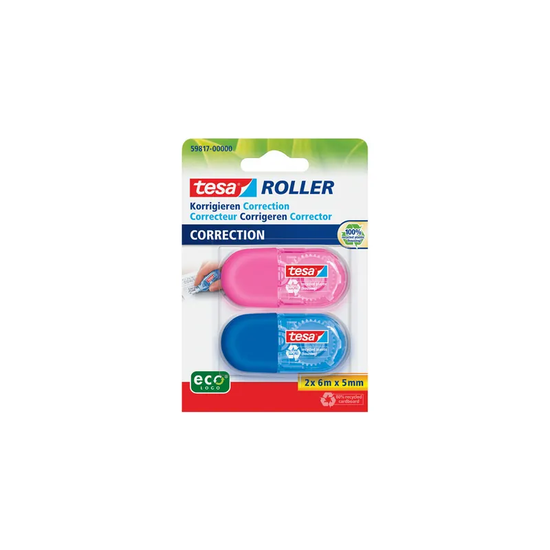 Korrekturroller tesa ecoLogo 59817 - 5,0 mm x 6 m rosa/blau Einweg Pckg/2