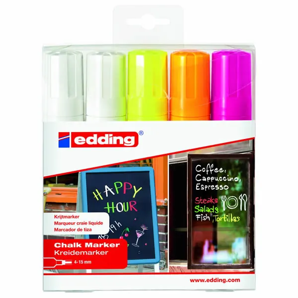 Kreidemarker edding 4090 - sortiert neon 4-15 mm Keilspitze non-permanent nicht nachfüllbar 5er-Set