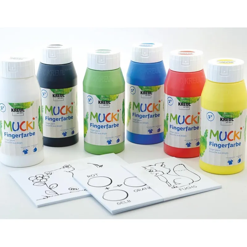 KREUL 29150 - Mucki Fingermalfarbe, Power Pack, Zeig mir die Welt der Farben, 6 x 750 ml Fingerfarbe und 20 Malvorlagen
