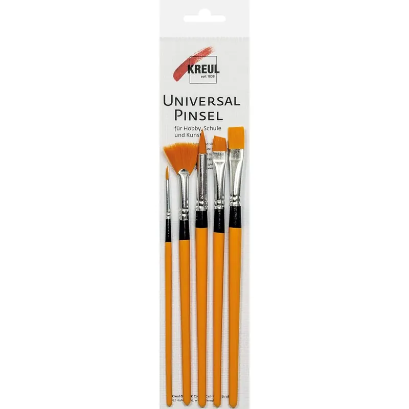 KREUL 723033 - Universalpinsel Synthetics Set, für Hobby, Schule und Kunst, ein Flachpinsel Größe 12, zwei Rundpinsel in den Größen 2 und 10, ein Fächerpinsel Größe 4 und ein Pinsel schräg Größe 10