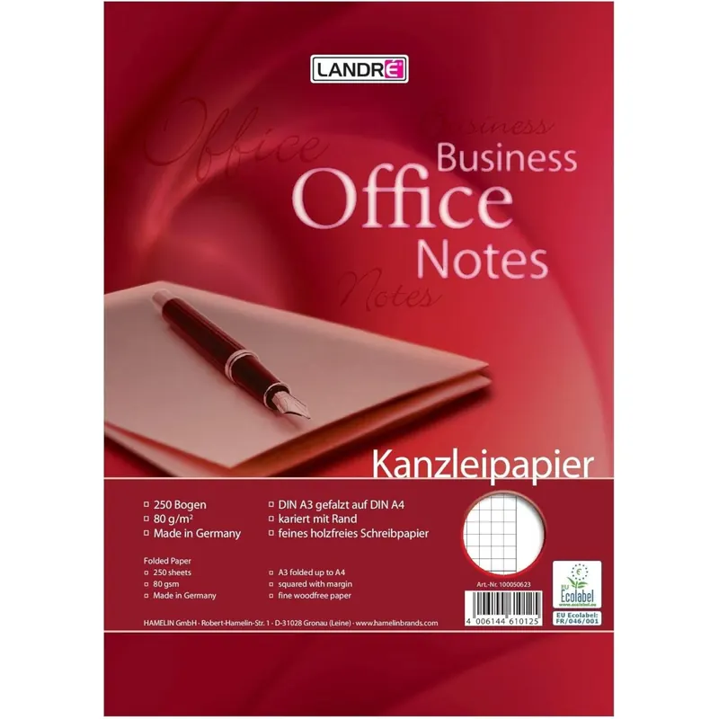 Landré Kanzlei-Papier A3 auf A4 gefalzt, kariert mit Rand rechts, 80 g/m², 250 Kanzlei-Bogen