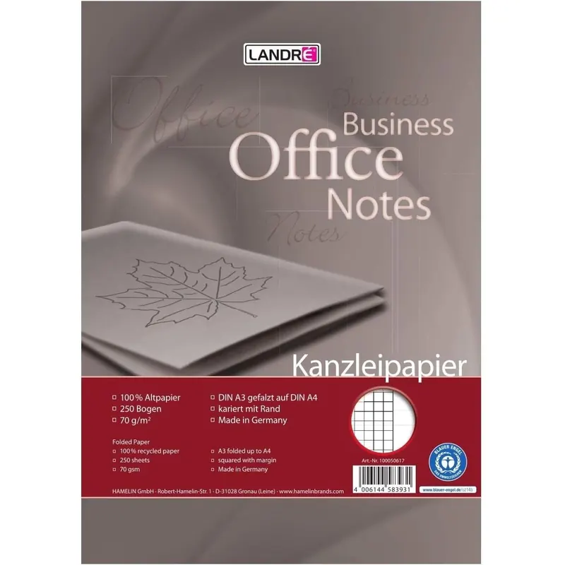 Landré Kanzlei-Papier Recycling A3 auf A4 gefalzt, kariert, 70 g/m², 250 Kanzlei-Bogen