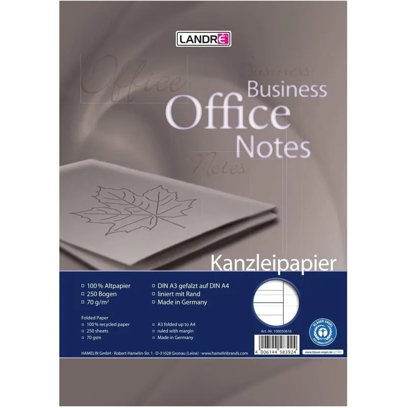 Landré Kanzlei-Papier Recycling A3 auf A4 gefalzt, liniert, 70 g/m², 250 Kanzleibogen