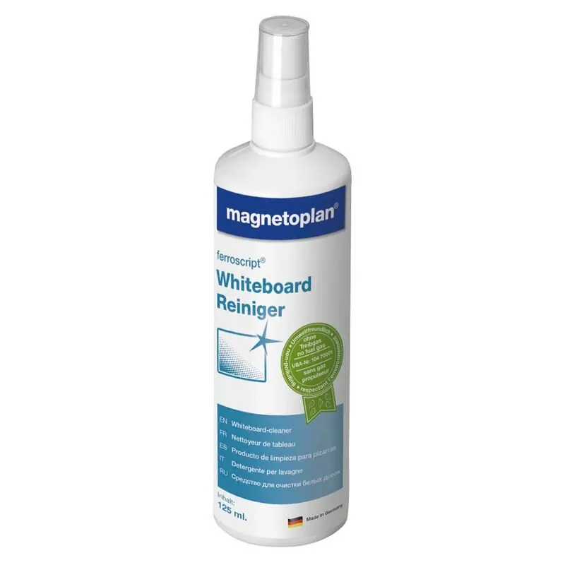 magnetoplan ferroscript Whiteboard Reiniger, 125 ml, nachhaltiger Tafelreiniger in der praktischen Pump-Sprayflasche, auslaufsicher