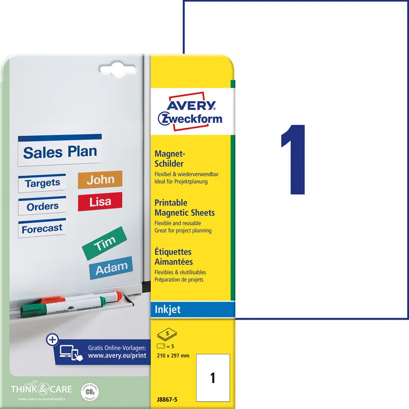 Magnetschilder Avery Zweckform J8867 - 210 x 297 mm weiß perforiert für Inkjetdrucker Pckg/5